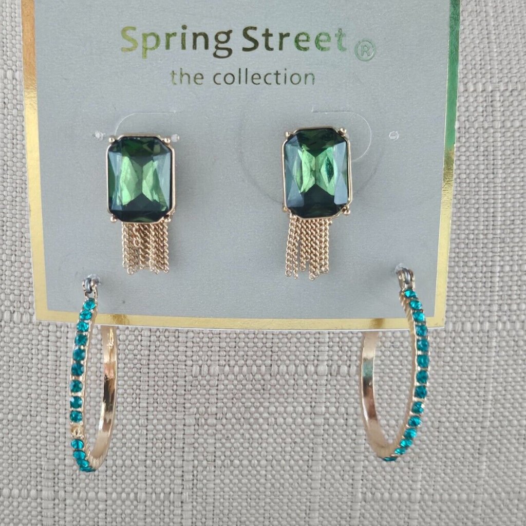 Spring Street Earrings Set Of 2 Earrings Stud And Hoop Green Tone Jewelry